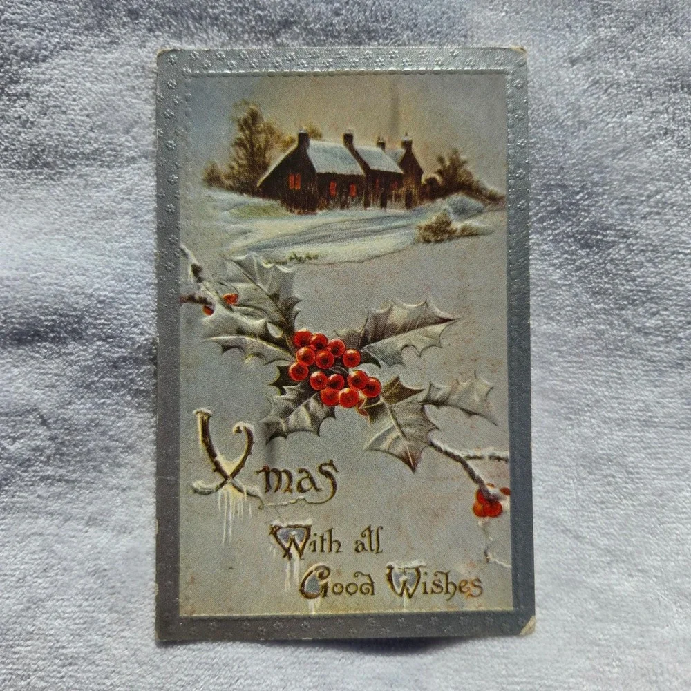Antique Embossed‎ Christmas Postcard Holly Berries Snow Cottage Winter Scene